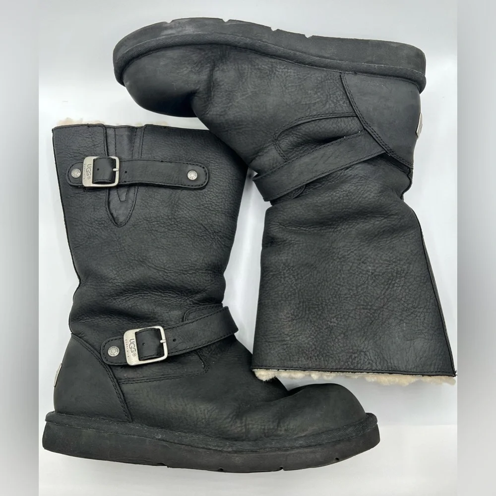 UGG Black Leather Shearling-Lined Mid-Calf Boots